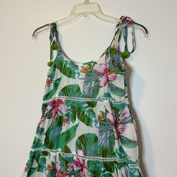 Gianni Bini Maxi Tiered Dress Tropical Floral Vacation Pom Pom Strappy - Size XS - Picture 2 of 10